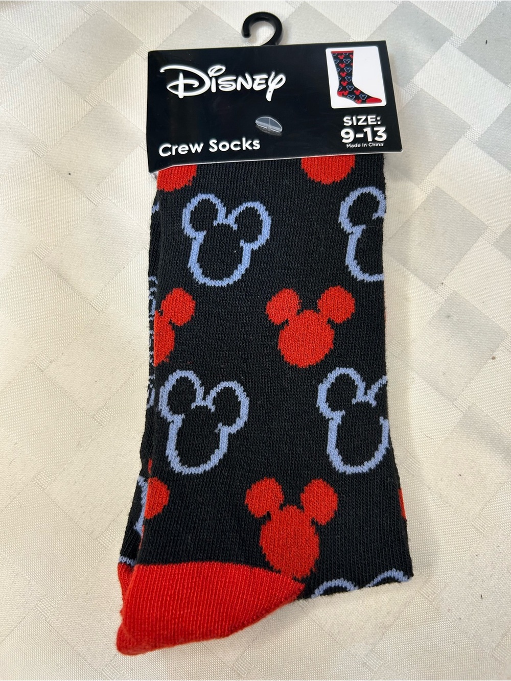 Disney Black Crew Socks with Red & Light Blue Mickey Heads